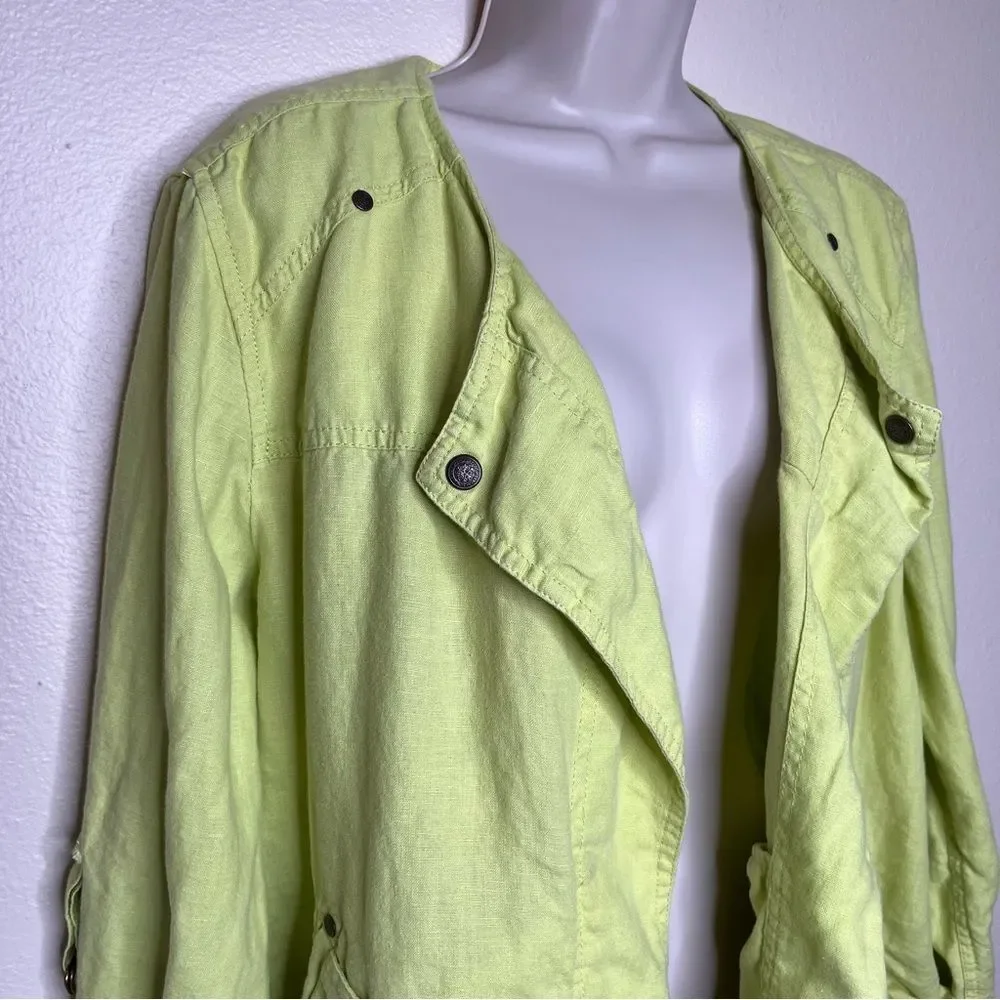 Chicos Drape Front Easy Linen Jacket Chartreuse Roll Tab Sleeve Women Size Large